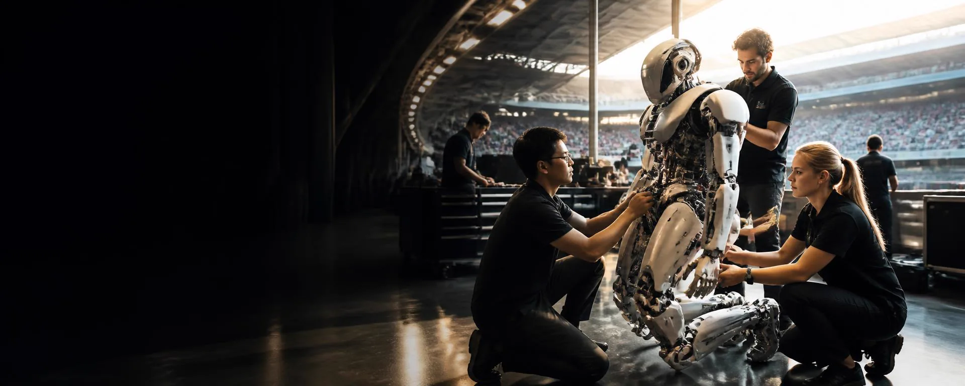 Engineers preparing an advanced humanoid robot beside a competition arena