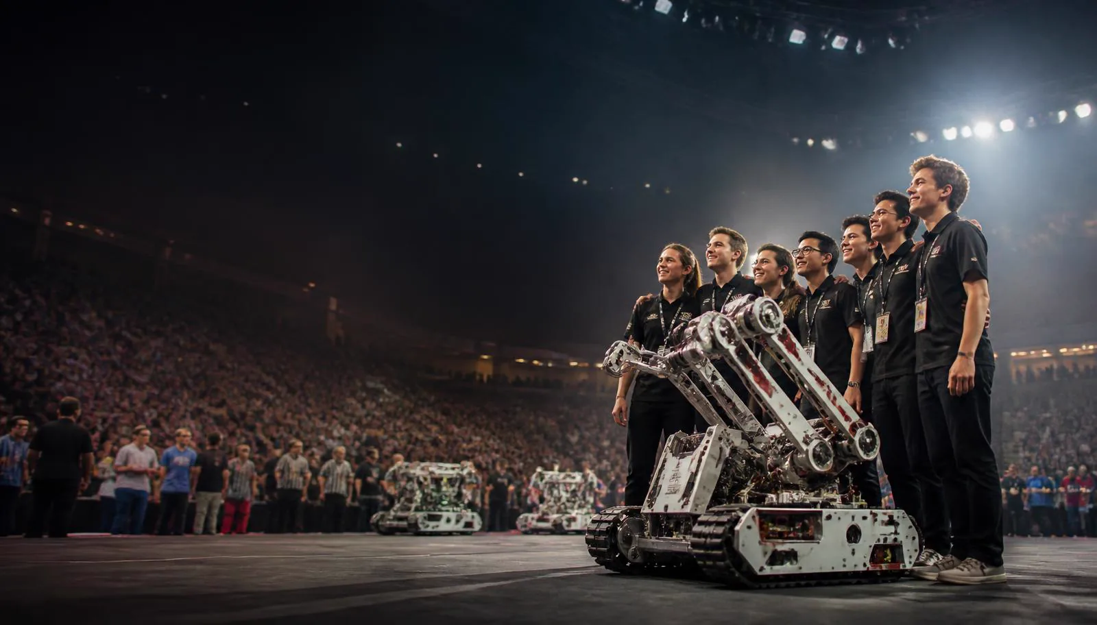 A robotics team and its competition machine before a packed arena