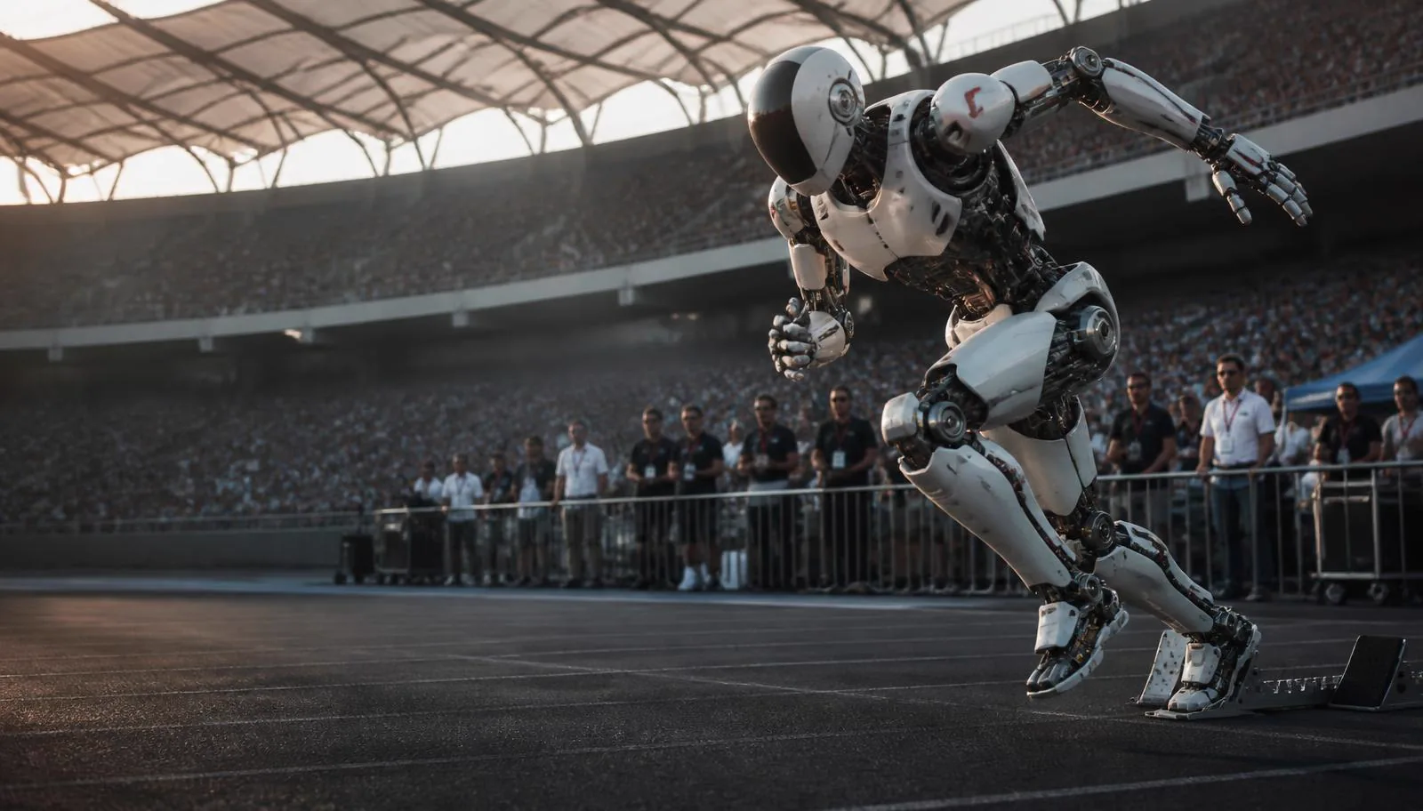 An advanced humanoid robot sprinting in a packed competition arena